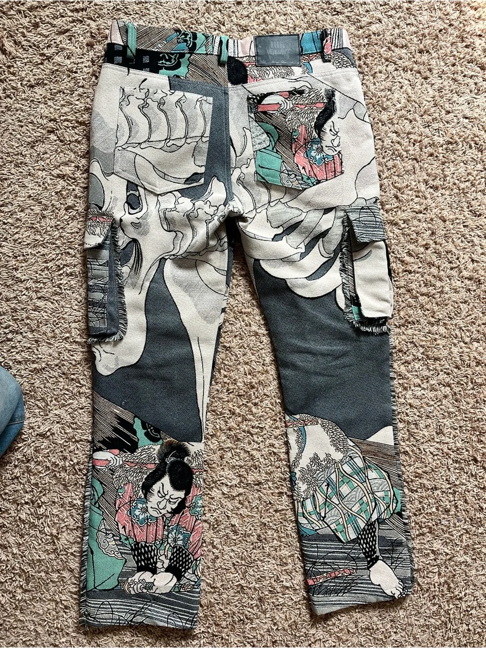Rebel Vengeance Japanese Samurai and skull tapestry cargo pants